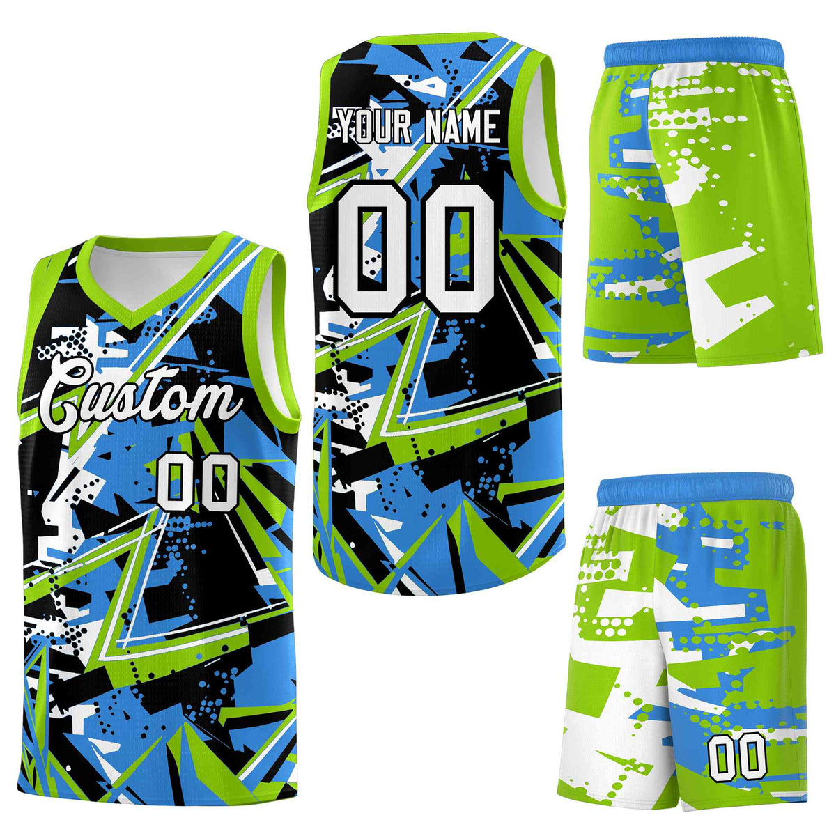 Custom Youth Basketball Jerseys Light Blue Neon Green Abstract Graffiti Personalized Street Style Uniform
