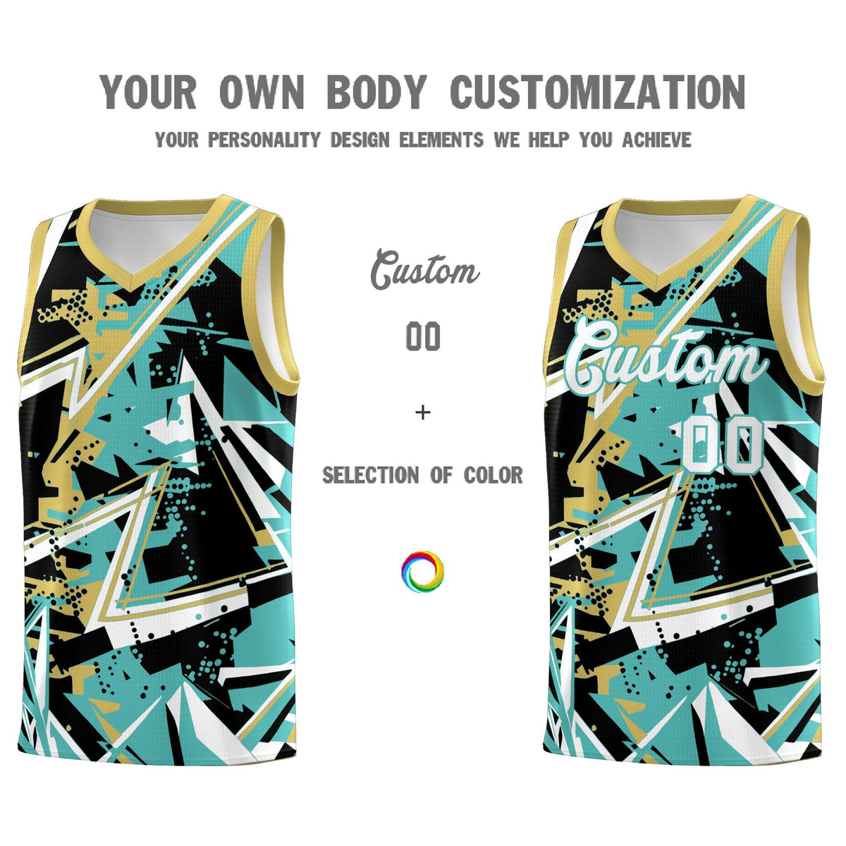 Custom Youth Basketball Jerseys Teal Old Gold Abstract Graffiti Personalized Street Style Uniform