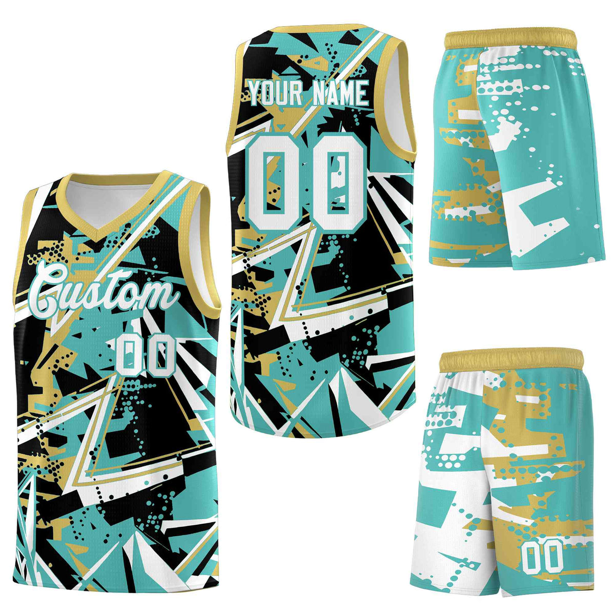 Custom Youth Basketball Jerseys Teal Old Gold Abstract Graffiti Personalized Street Style Uniform