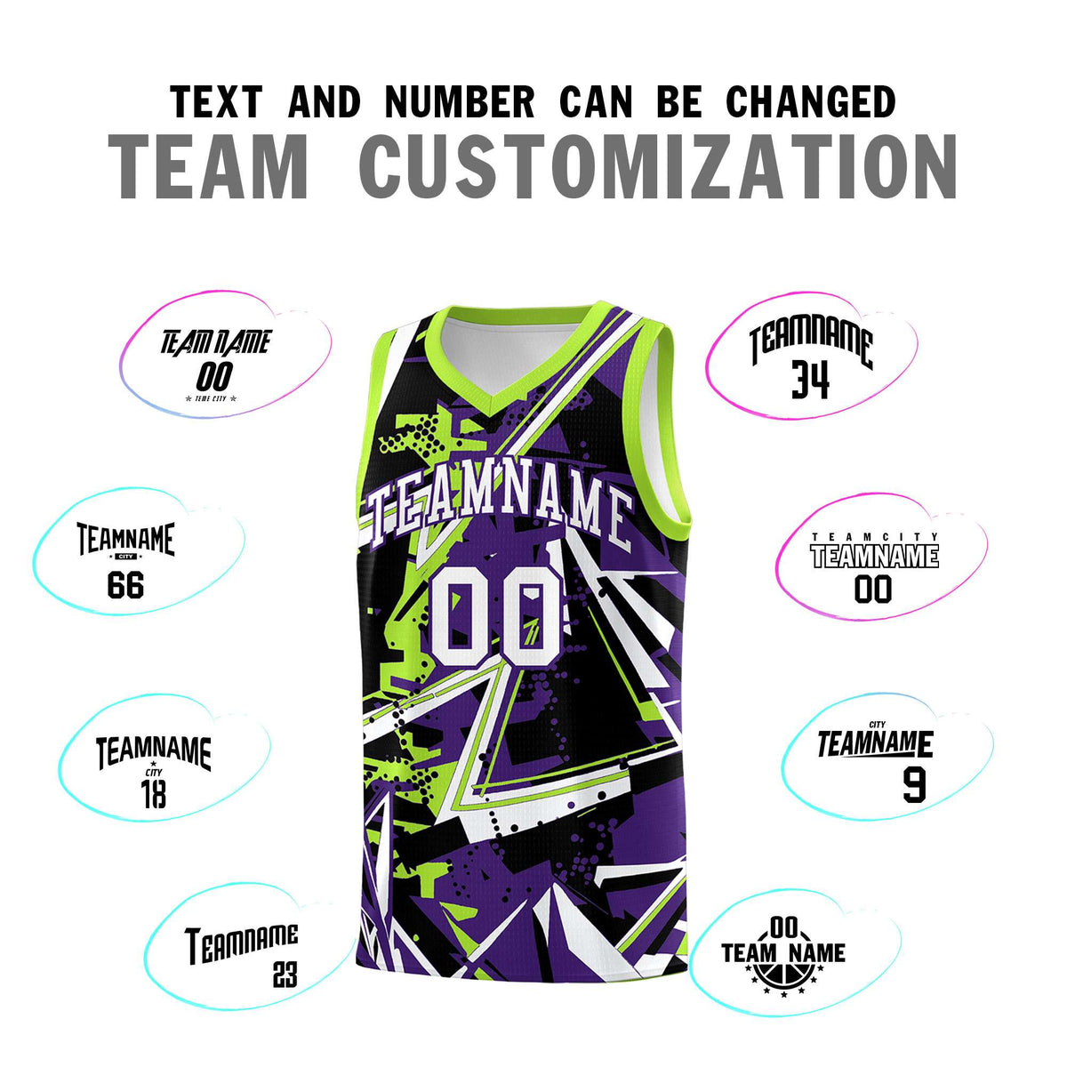 Custom Youth Basketball Jerseys Purple Neon Green Abstract Graffiti Personalized Team Name & Number
