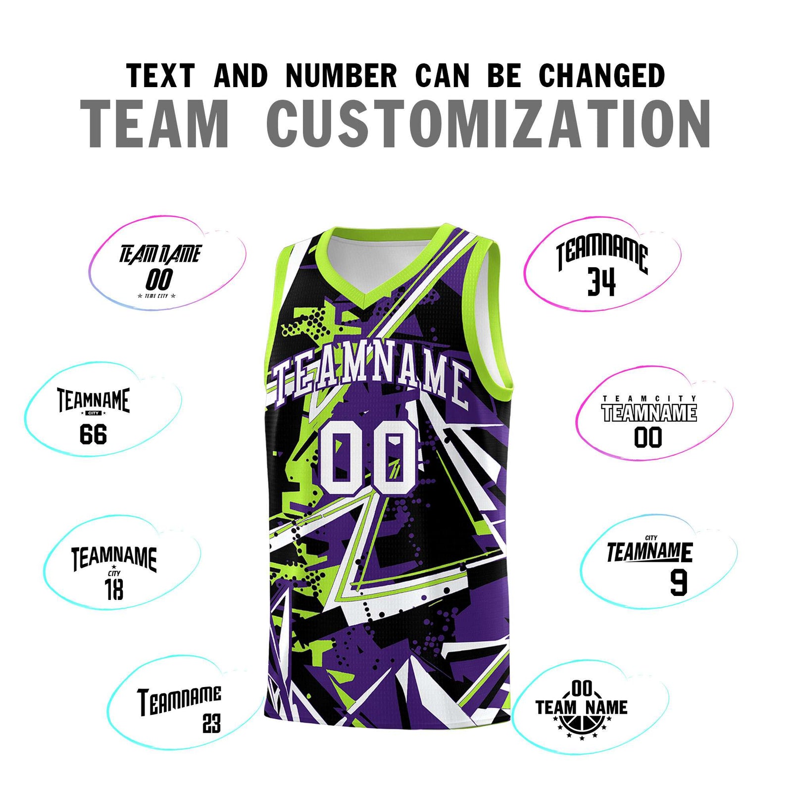 Custom Youth Basketball Jerseys Purple Neon Green Abstract Graffiti Personalized Team Name & Number