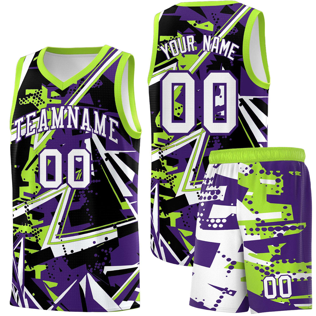 Custom Youth Basketball Jerseys Purple Neon Green Abstract Graffiti Personalized Team Name & Number