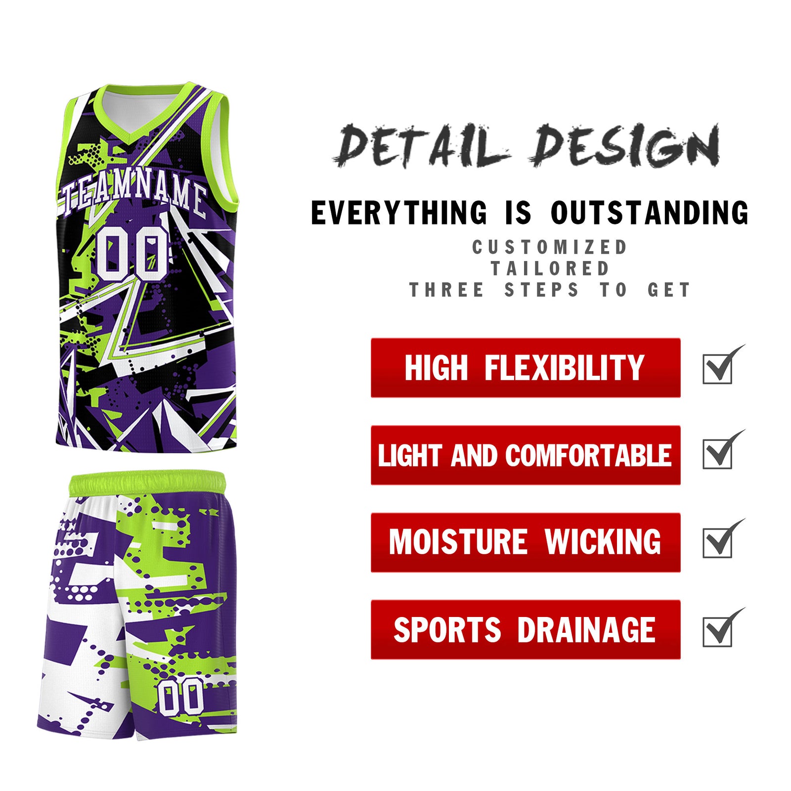 Custom Youth Basketball Jerseys Purple Neon Green Abstract Graffiti Personalized Team Name & Number