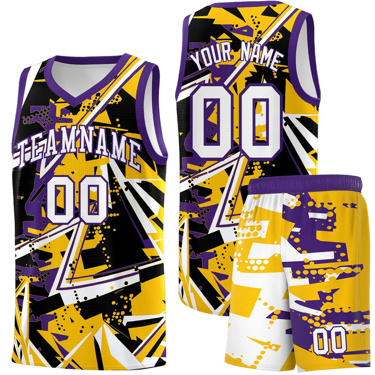 Custom Youth Basketball Jerseys Yellow Purple Abstract Graffiti Personalized Team Name & Number