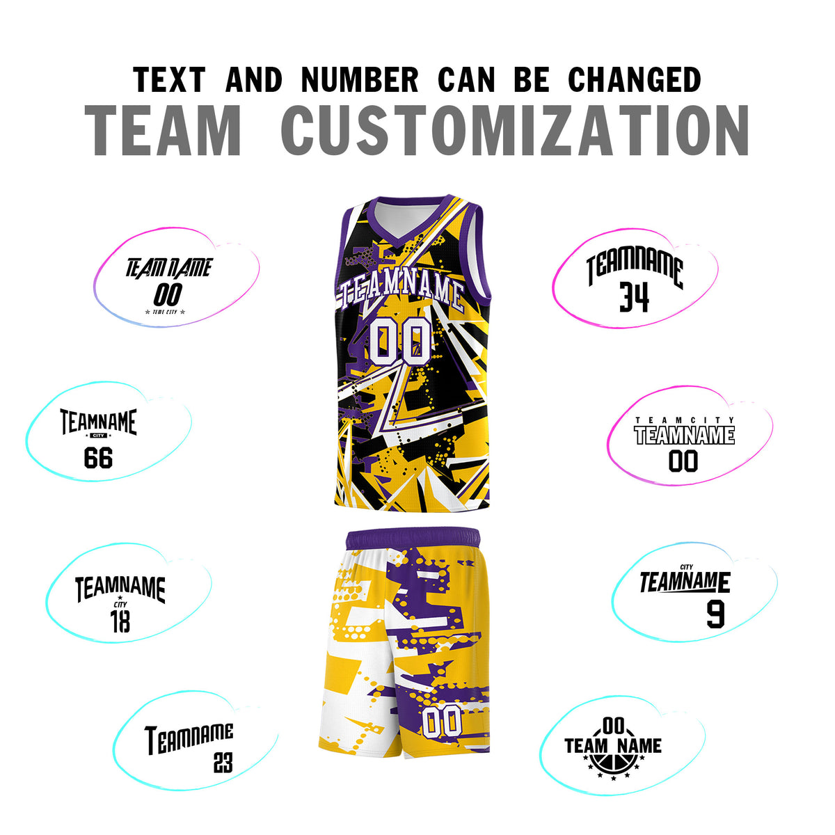 Custom Youth Basketball Jerseys Yellow Purple Abstract Graffiti Personalized Team Name & Number