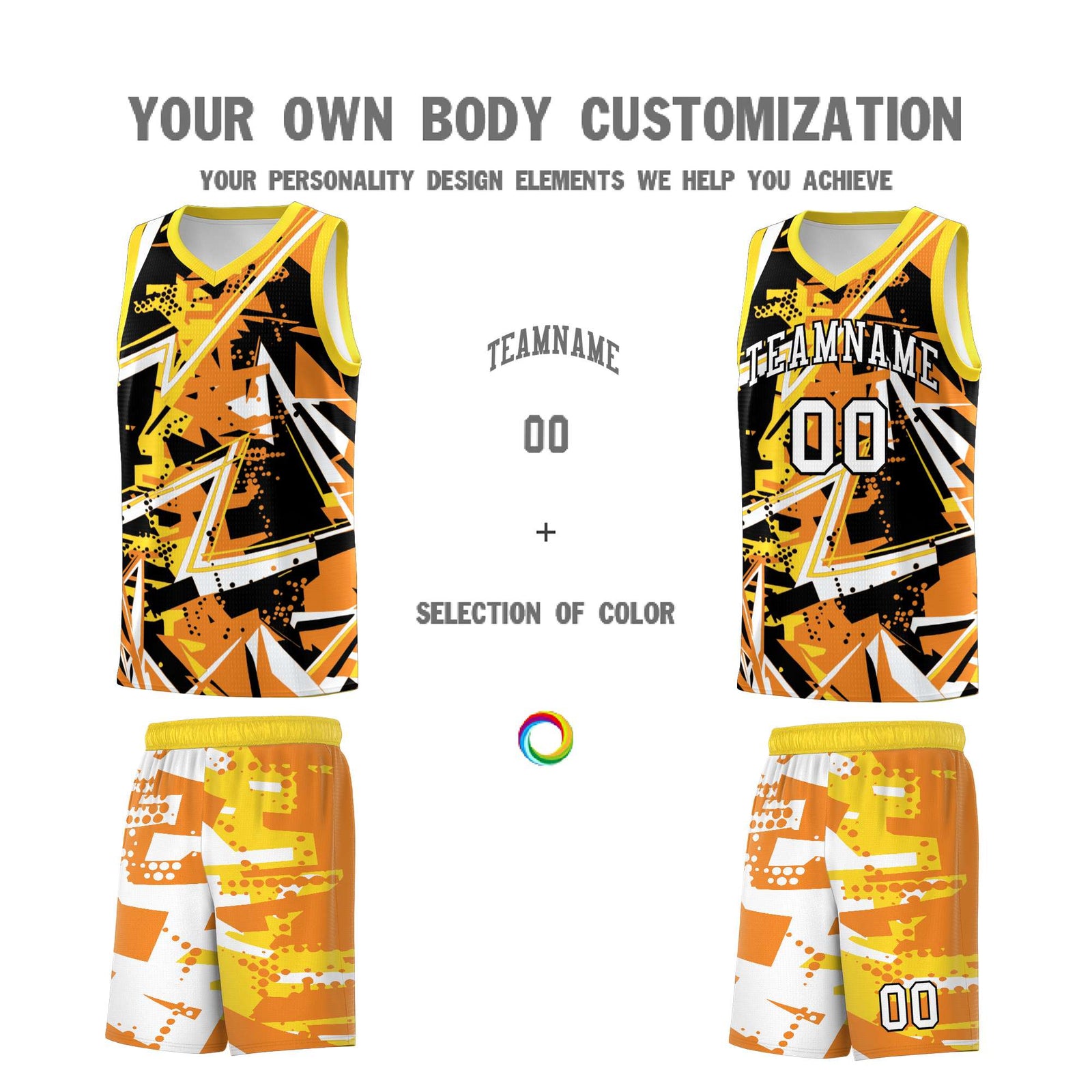 Custom Youth Basketball Jerseys Orange Gold Abstract Graffiti Personalized Street Style Uniform