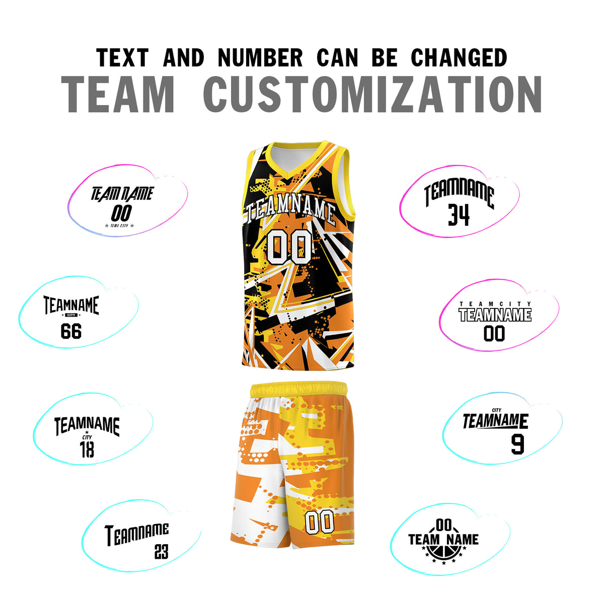 Custom Youth Basketball Jerseys Orange Gold Abstract Graffiti Personalized Street Style Uniform