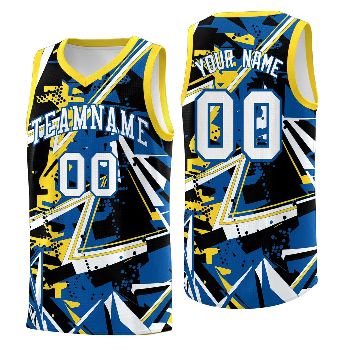 Custom Youth Basketball Jerseys Royal Gold Abstract Graffiti Personalized Team Name & Number