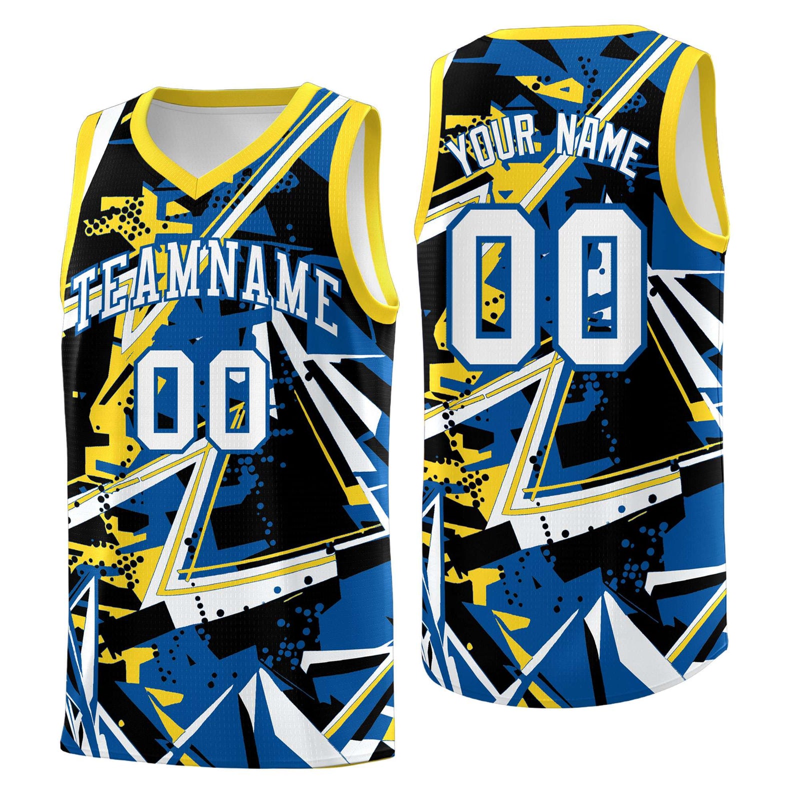 Custom Youth Basketball Jerseys Royal Gold Abstract Graffiti Personalized Team Name & Number