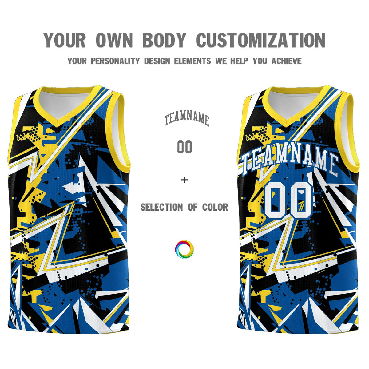 Custom Youth Basketball Jerseys Royal Gold Abstract Graffiti Personalized Team Name & Number