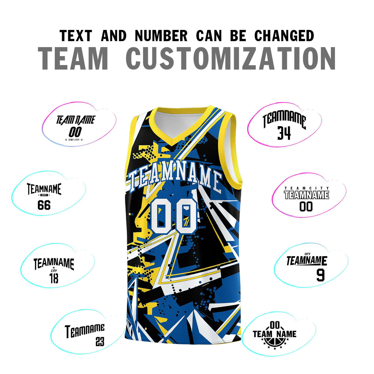 Custom Youth Basketball Jerseys Royal Gold Abstract Graffiti Personalized Team Name & Number