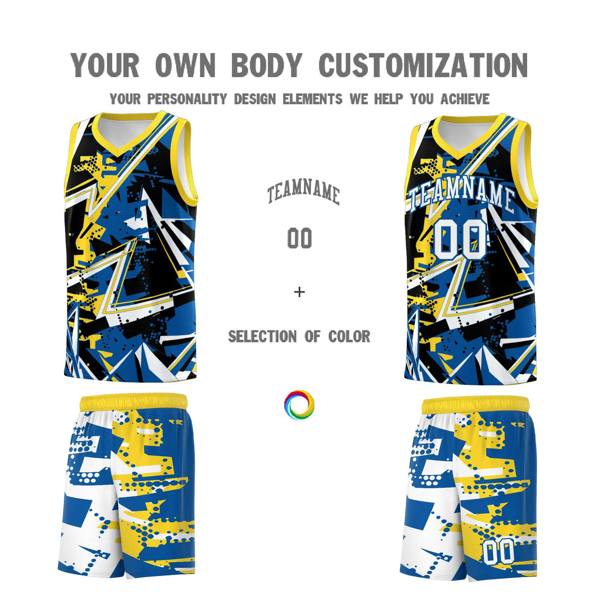 Custom Youth Basketball Jerseys Royal Gold Abstract Graffiti Personalized Team Name & Number