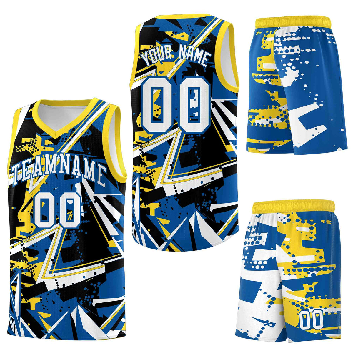 Custom Youth Basketball Jerseys Royal Gold Abstract Graffiti Personalized Team Name & Number