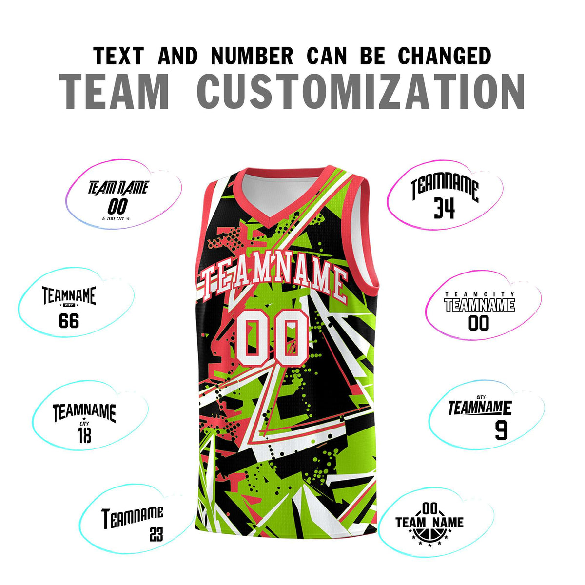Custom Youth Basketball Jerseys Neon Green Light Red Abstract Graffiti Personalized Street Style Uniform