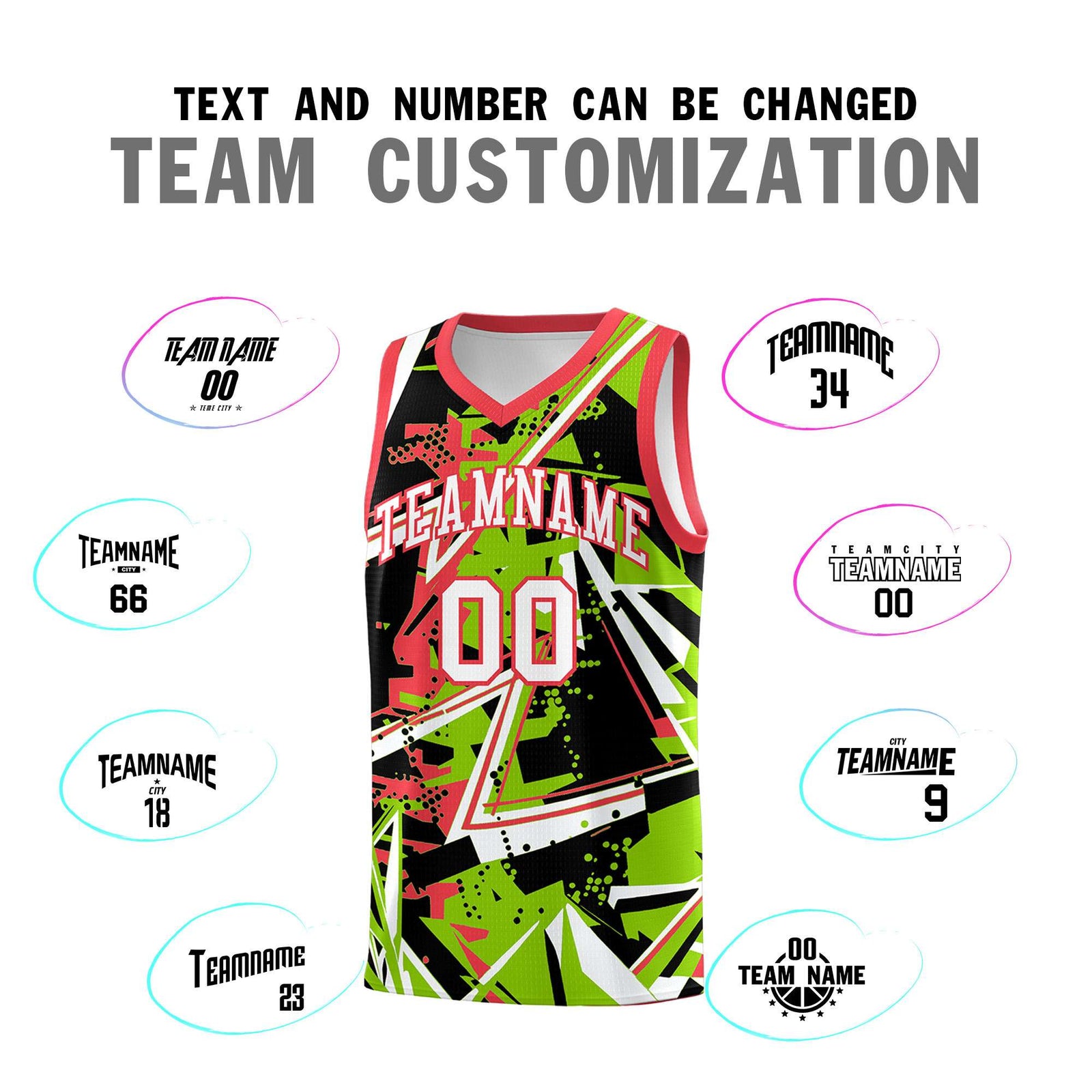 Custom Youth Basketball Jerseys Neon Green Light Red Abstract Graffiti Personalized Street Style Uniform
