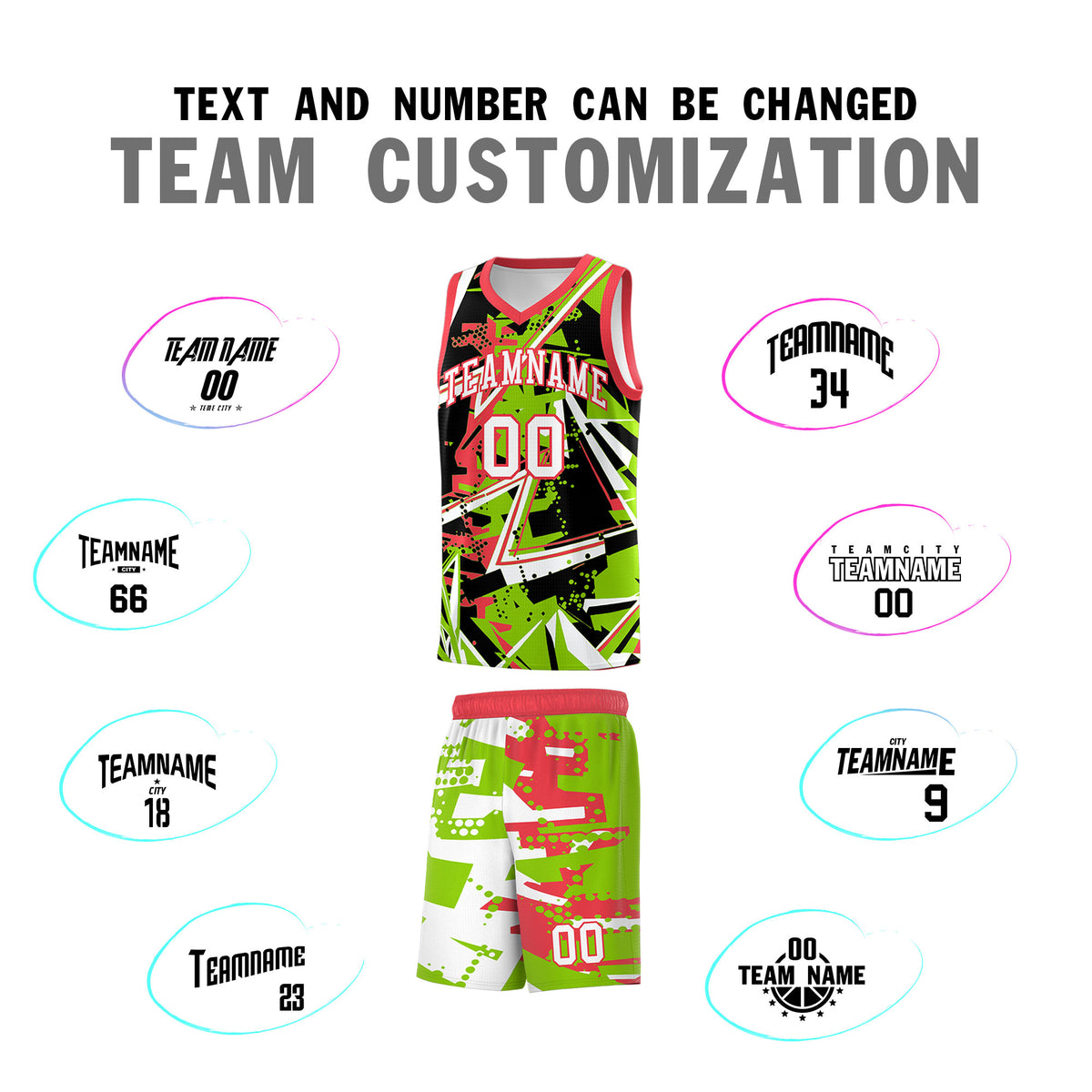 Custom Youth Basketball Jerseys Neon Green Light Red Abstract Graffiti Personalized Street Style Uniform