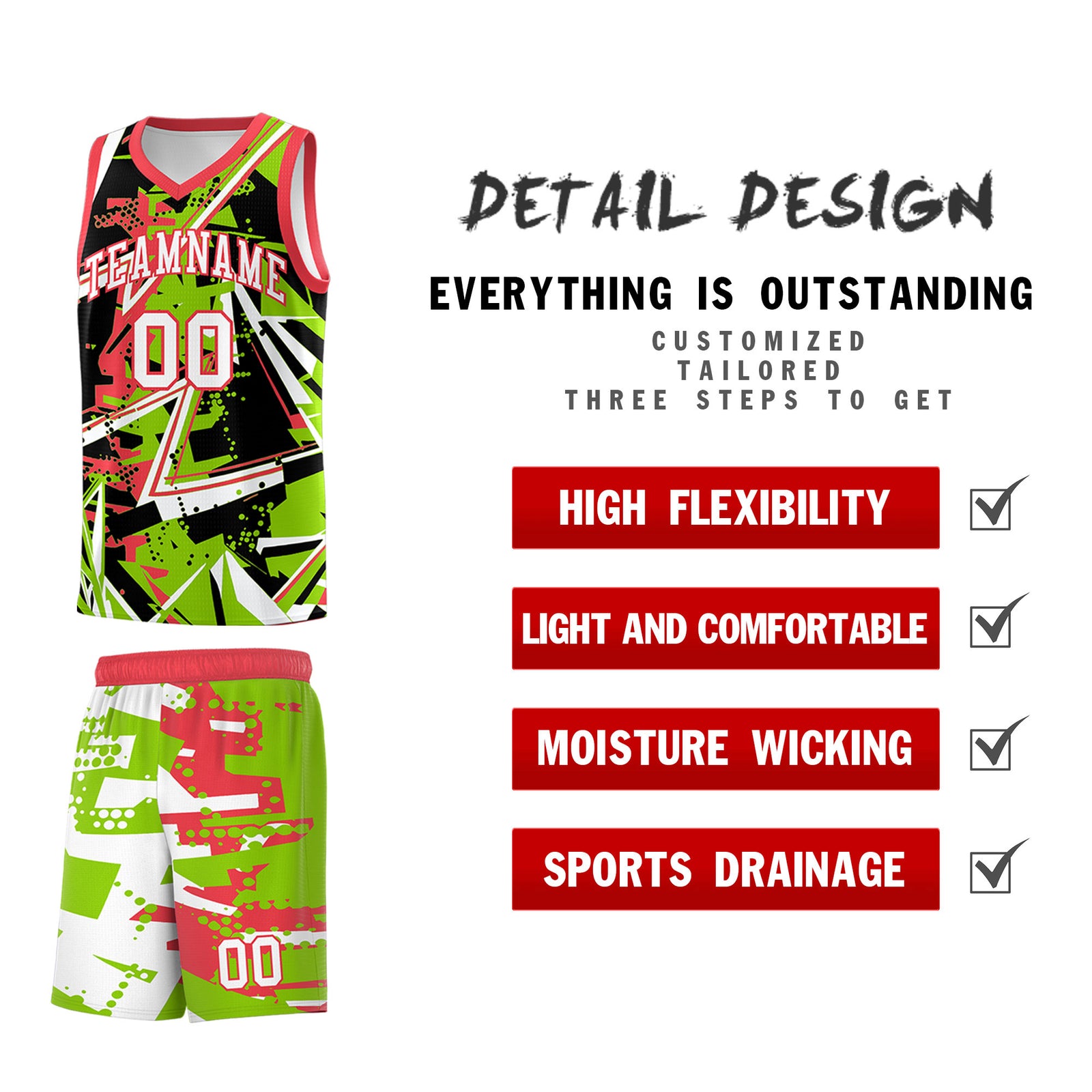 Custom Youth Basketball Jerseys Neon Green Light Red Abstract Graffiti Personalized Street Style Uniform