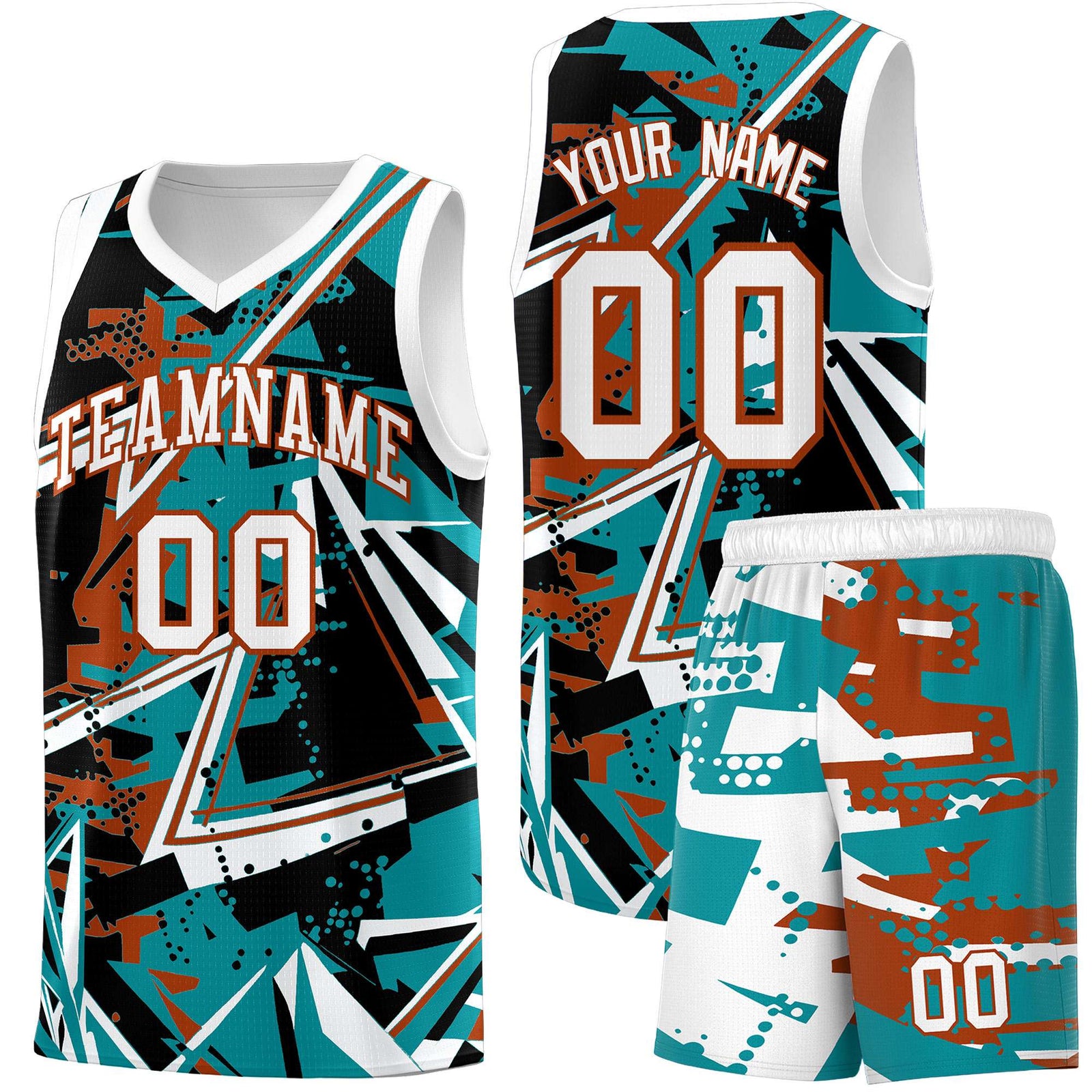 Custom Youth Basketball Jerseys Teal Dark Orange Abstract Graffiti Personalized Street Style Uniform