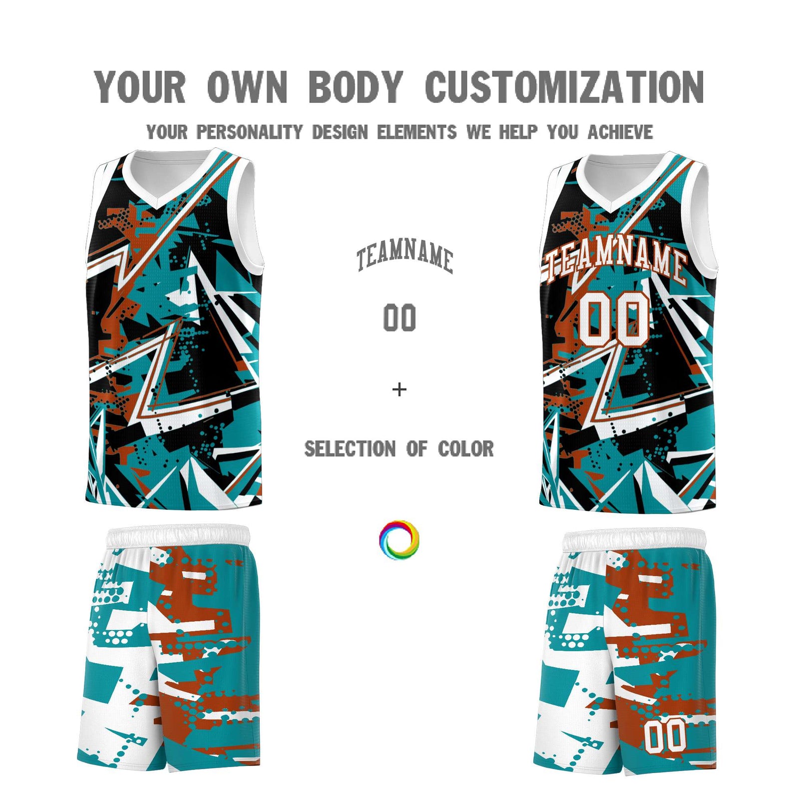 Custom Youth Basketball Jerseys Teal Dark Orange Abstract Graffiti Personalized Street Style Uniform