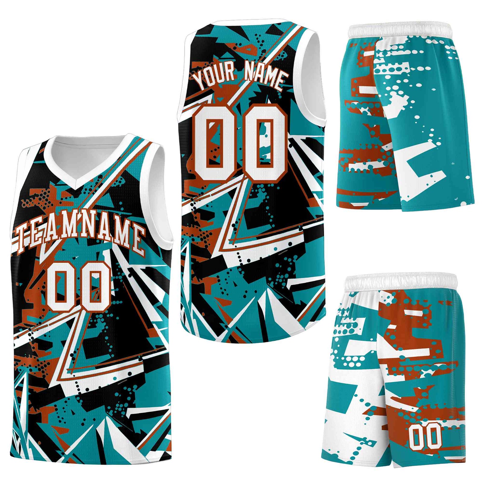 Custom Youth Basketball Jerseys Teal Dark Orange Abstract Graffiti Personalized Street Style Uniform