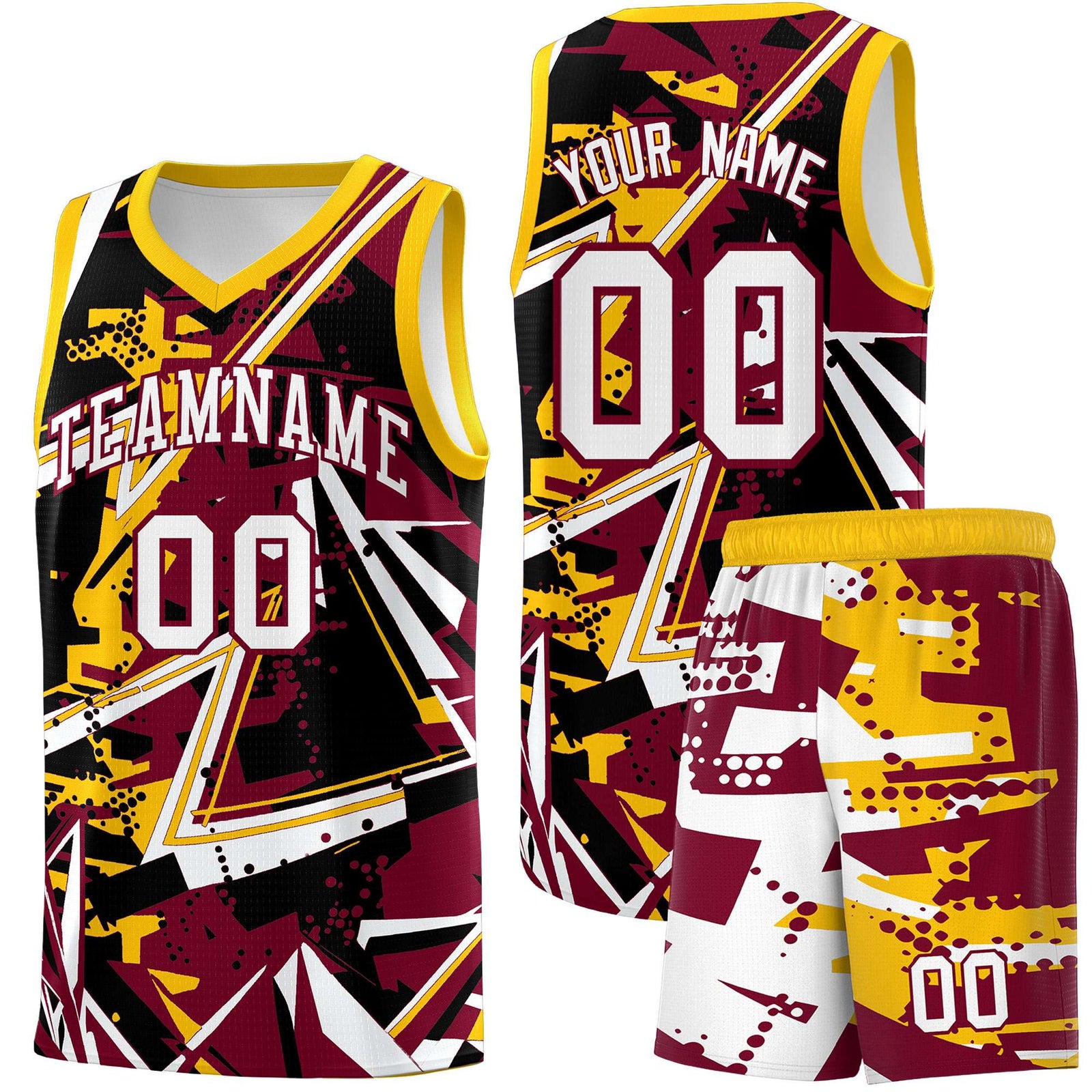 Custom Youth Basketball Jerseys Crimson Yellow Abstract Graffiti Urban Style Personalized Uniform