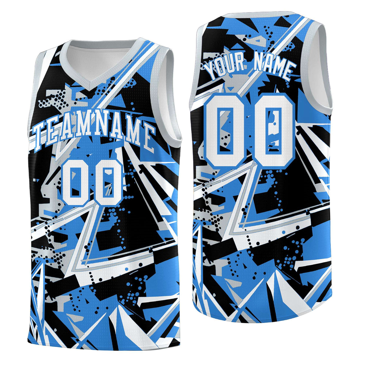 Custom Youth Basketball Jerseys Light Blue Silver Abstract Graffiti Personalized Team Name & Number