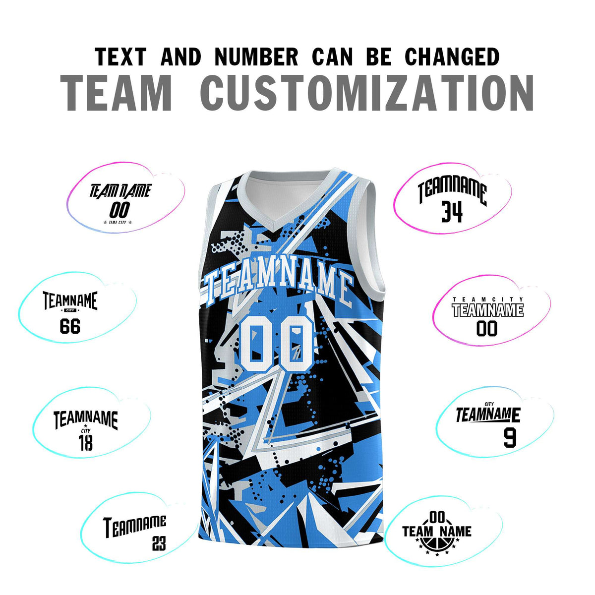 Custom Youth Basketball Jerseys Light Blue Silver Abstract Graffiti Personalized Team Name & Number