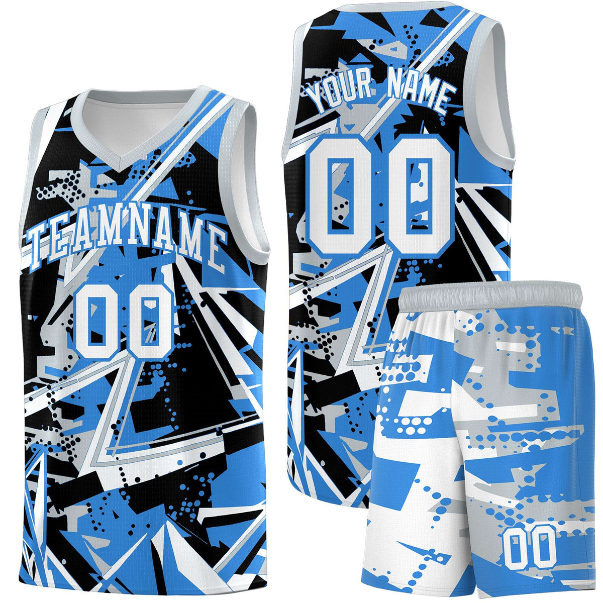 Custom Youth Basketball Jerseys Light Blue Silver Abstract Graffiti Personalized Team Name & Number