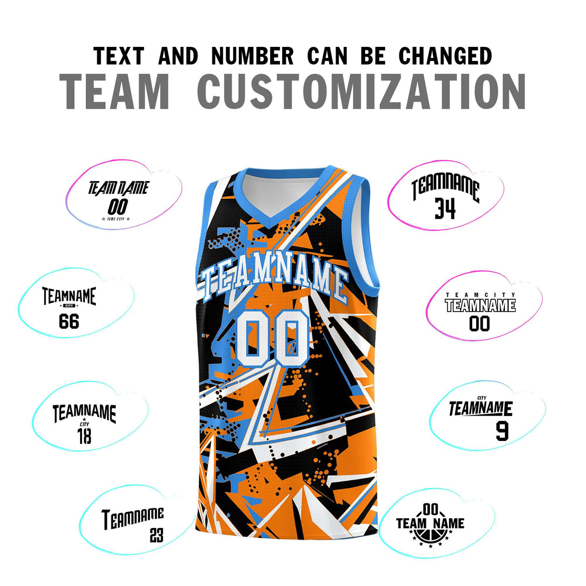 Custom Youth Basketball Jerseys Orange Light Blue Abstract Graffiti Personalized Street Style Uniform