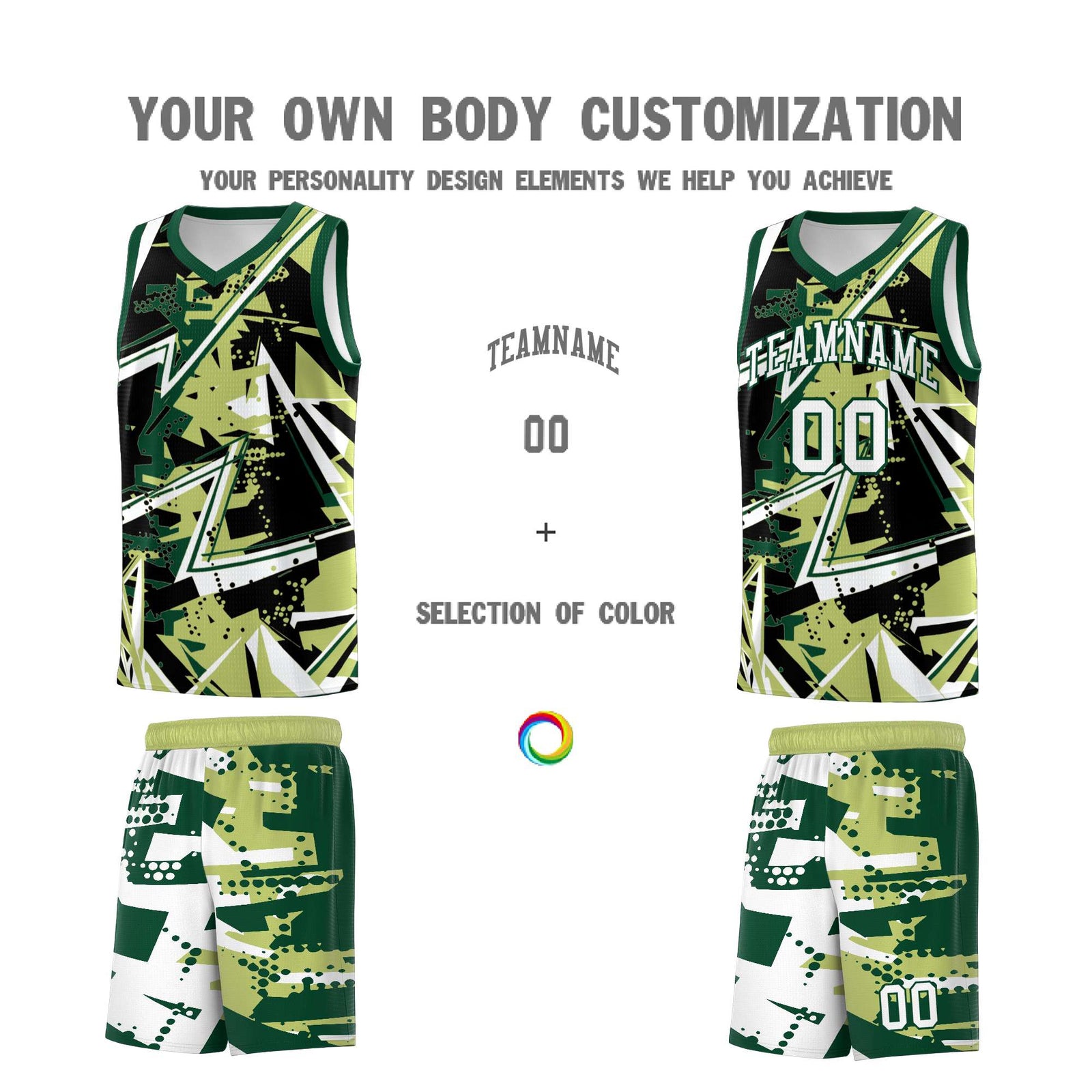Custom Youth Basketball Jerseys Champagne Kelly Green Abstract Graffiti Urban Style Personalized Uniform