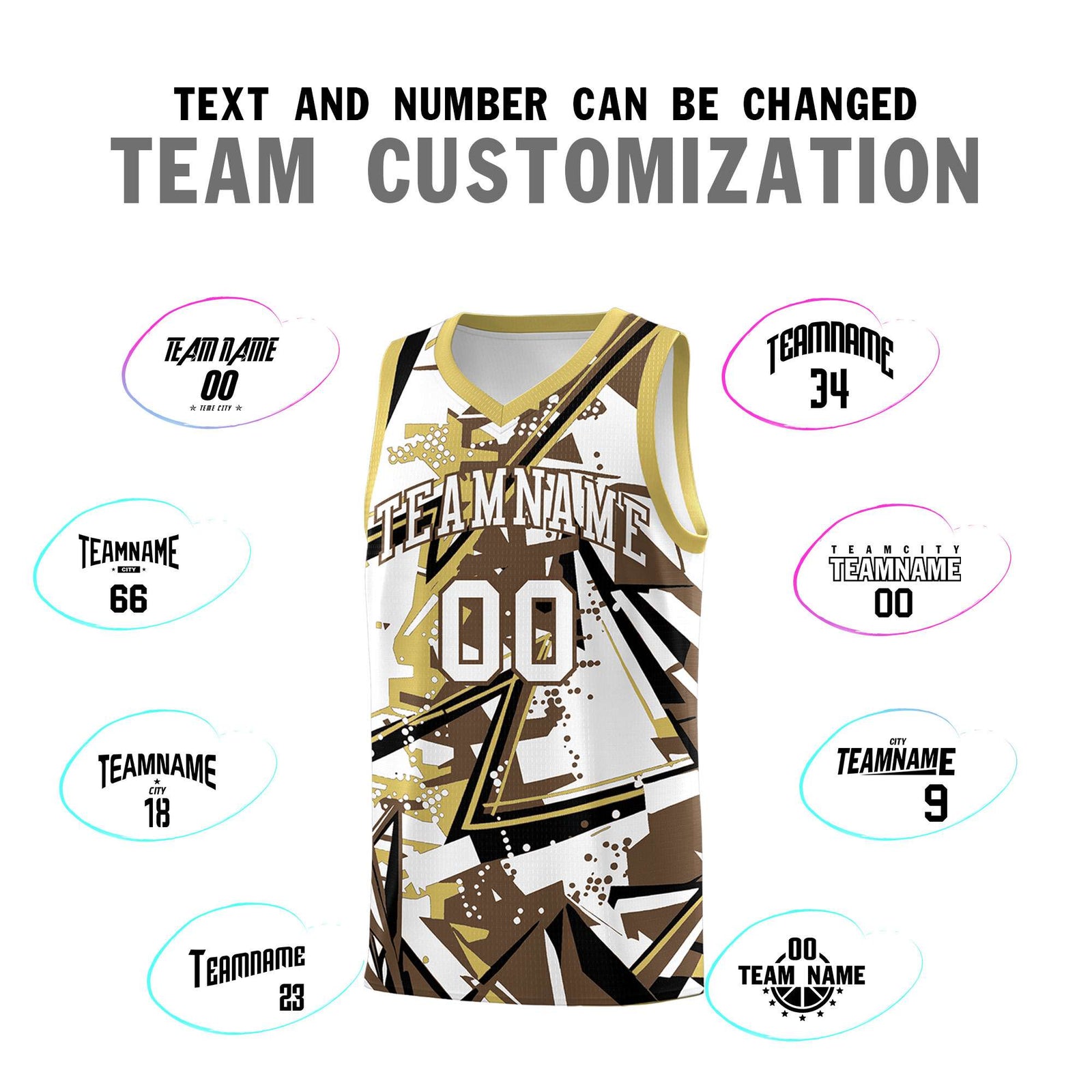 Custom Youth Basketball Jerseys Light Brown Old Gold Abstract Graffiti Personalized Team Name & Number