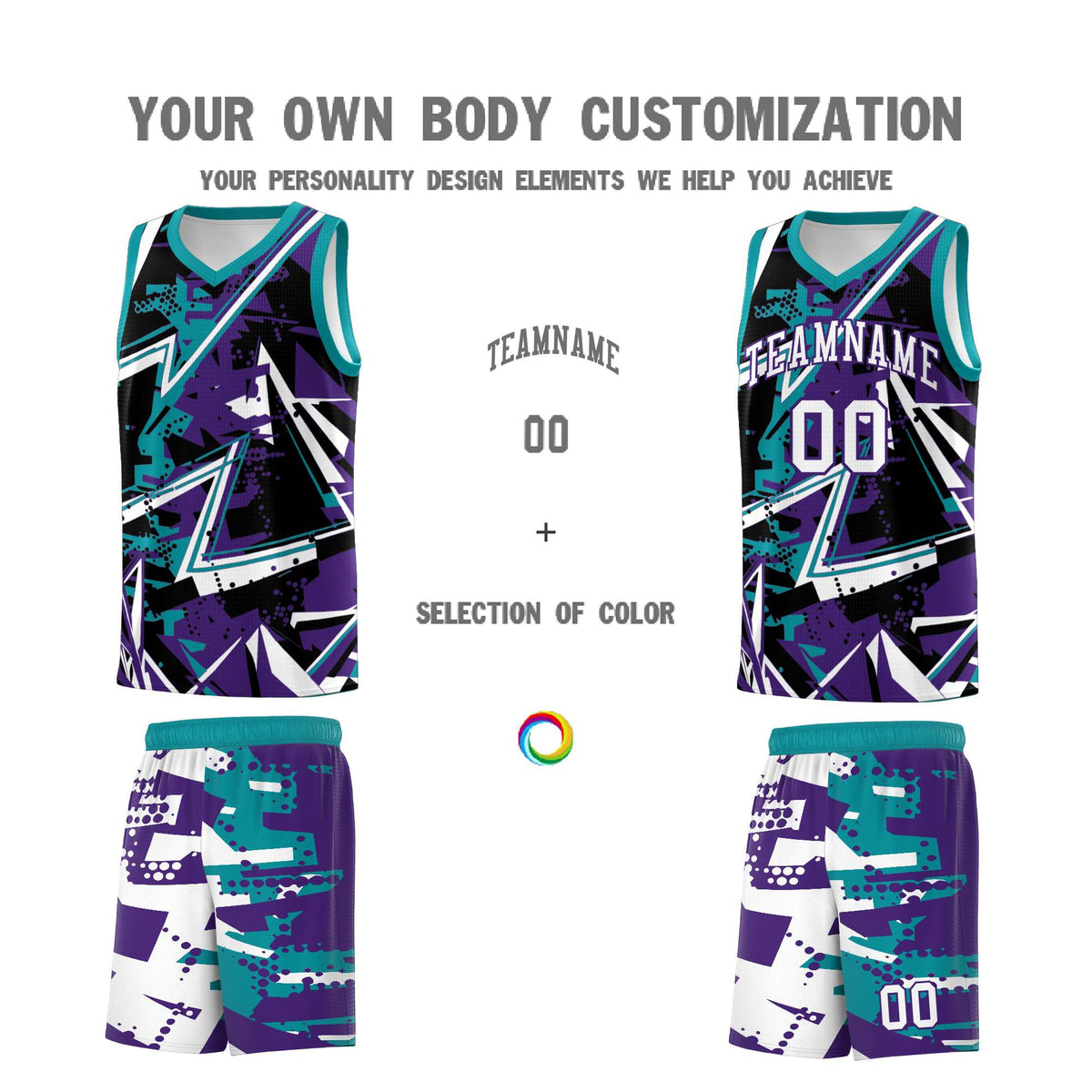 Custom Youth Basketball Jerseys Purple Teal Abstract Graffiti Urban Style Personalized Uniform