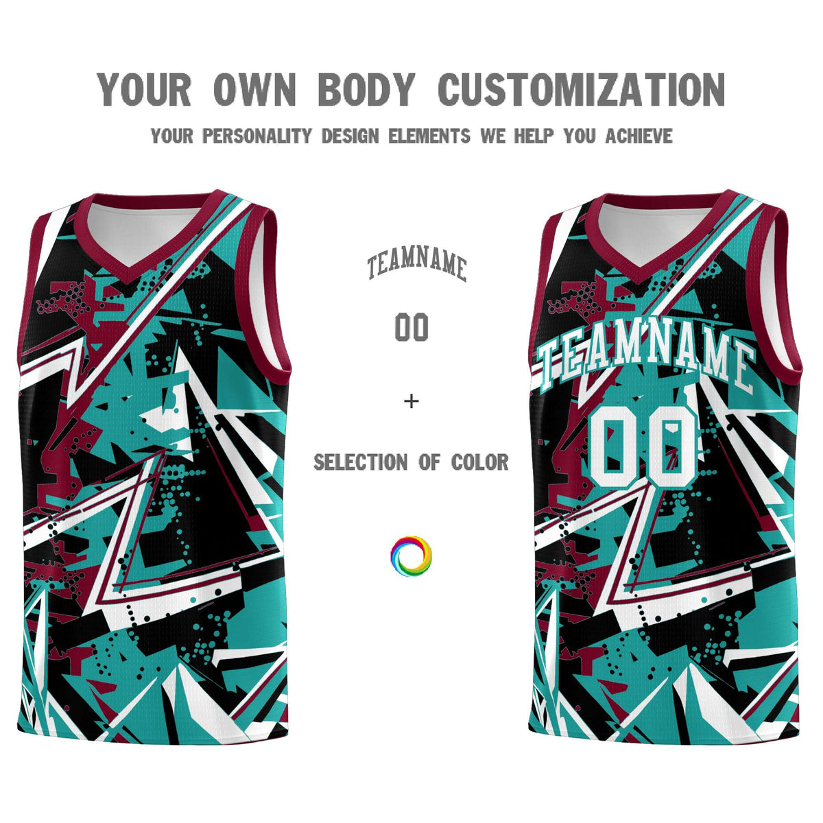 Custom Youth Basketball Jerseys Teal Crimson Abstract Graffiti Personalized Team Name & Number