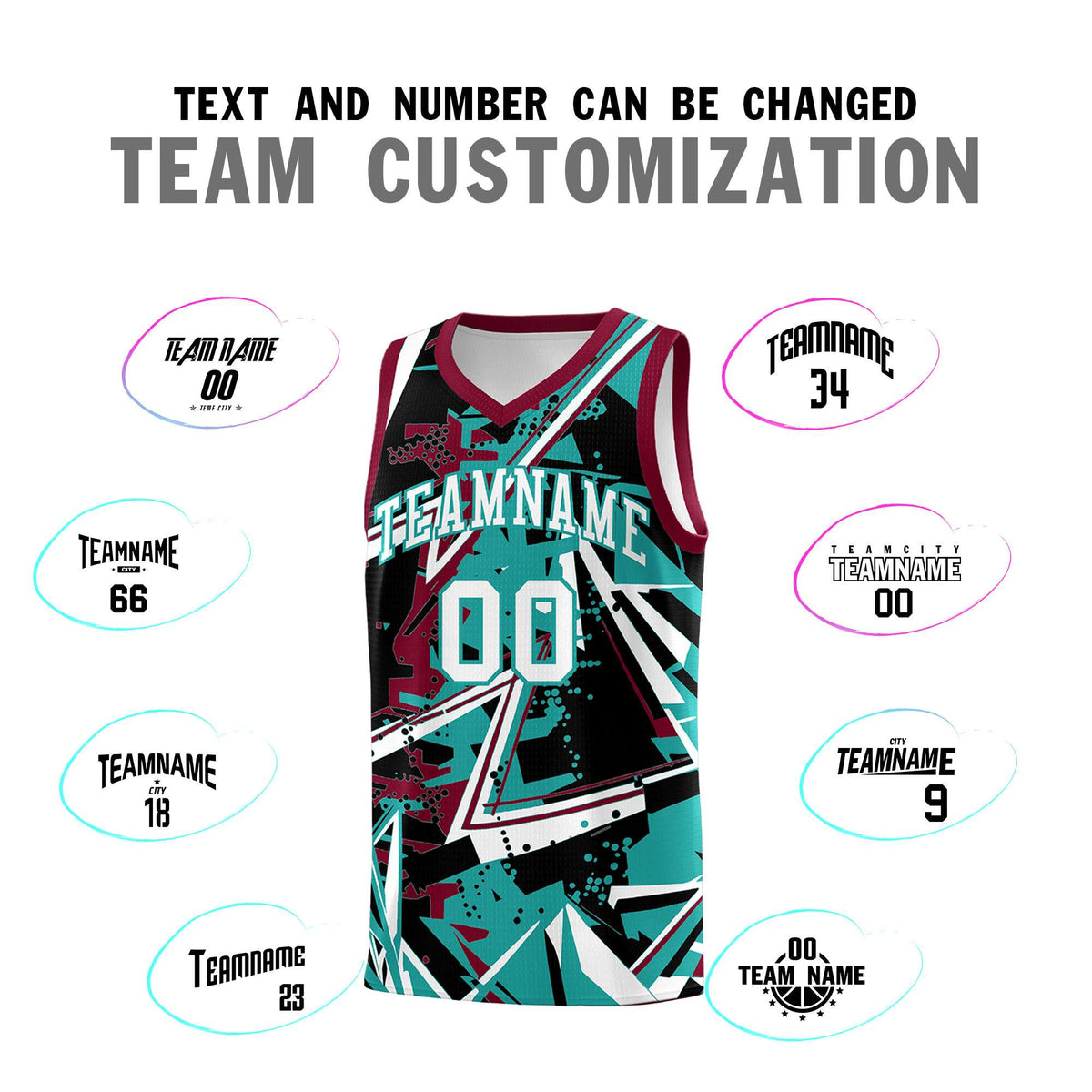 Custom Youth Basketball Jerseys Teal Crimson Abstract Graffiti Personalized Team Name & Number