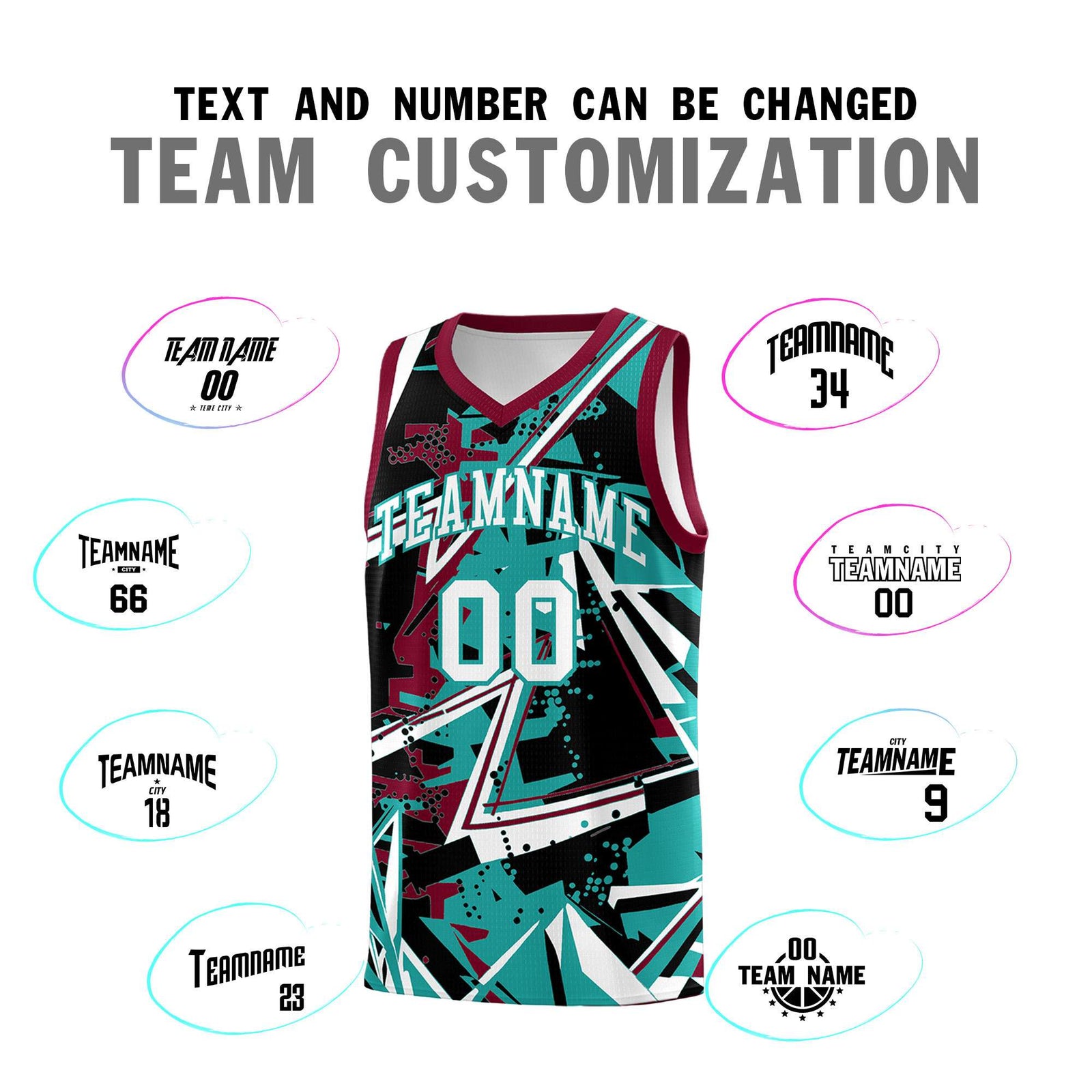 Custom Youth Basketball Jerseys Teal Crimson Abstract Graffiti Personalized Team Name & Number