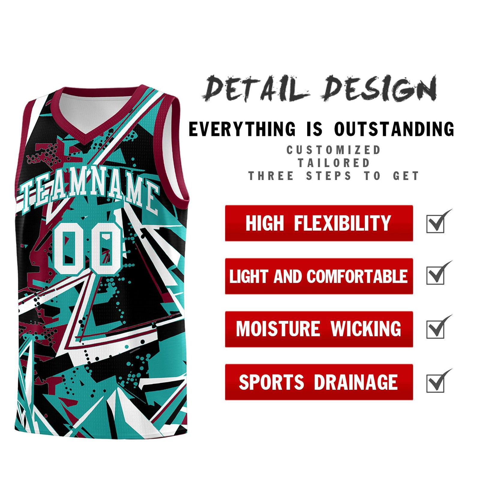Custom Youth Basketball Jerseys Teal Crimson Abstract Graffiti Personalized Team Name & Number