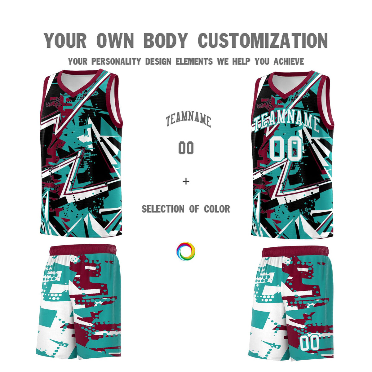 Custom Youth Basketball Jerseys Teal Crimson Abstract Graffiti Personalized Team Name & Number