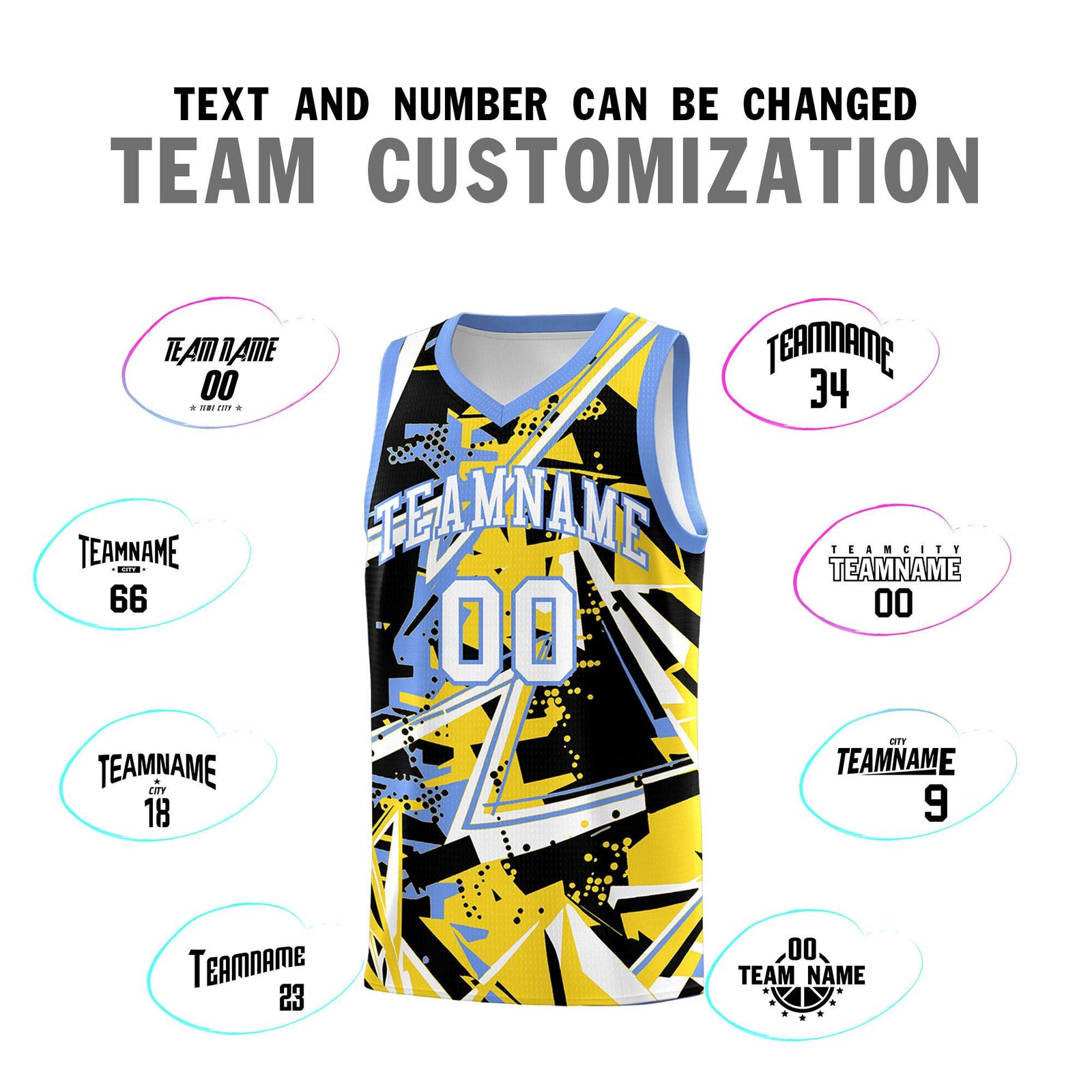 Custom Youth Basketball Jerseys Gold Light Blue Abstract Graffiti Urban Style Personalized Uniform
