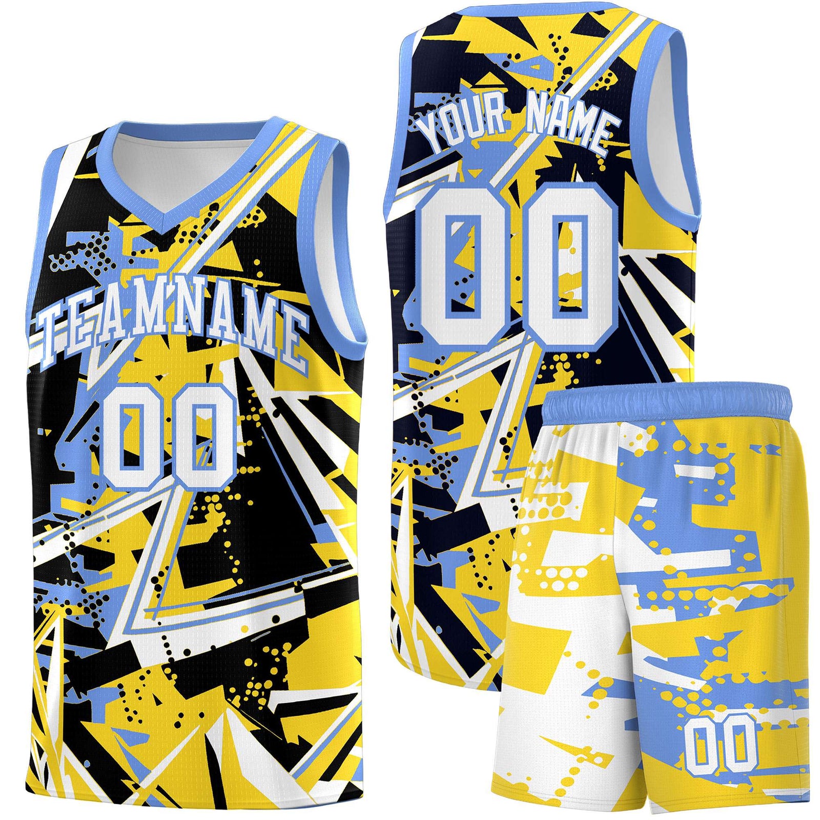 Custom Youth Basketball Jerseys Gold Light Blue Abstract Graffiti Urban Style Personalized Uniform