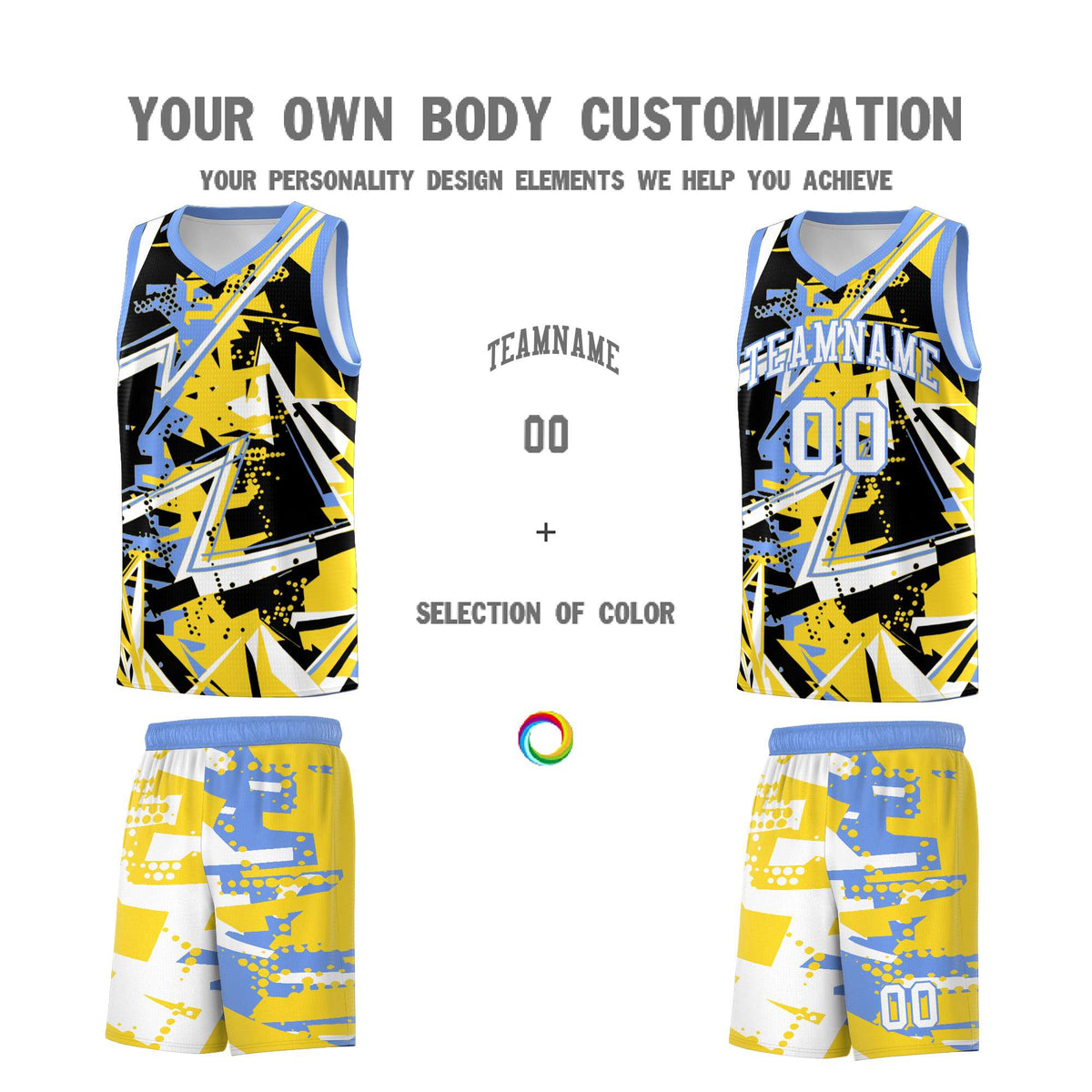 Custom Youth Basketball Jerseys Gold Light Blue Abstract Graffiti Urban Style Personalized Uniform
