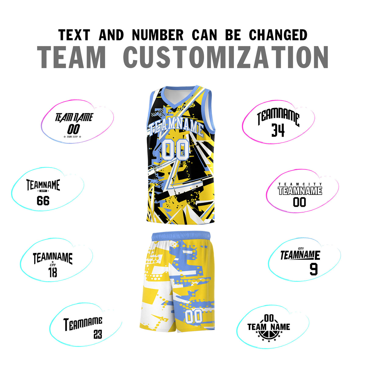 Custom Youth Basketball Jerseys Gold Light Blue Abstract Graffiti Urban Style Personalized Uniform