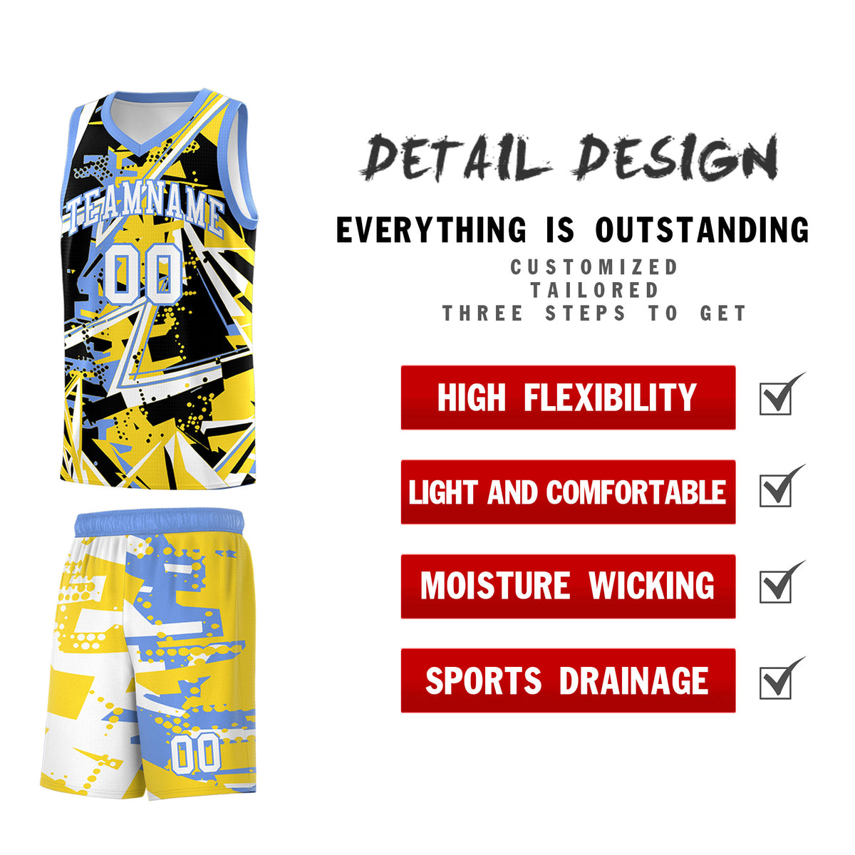 Custom Youth Basketball Jerseys Gold Light Blue Abstract Graffiti Urban Style Personalized Uniform