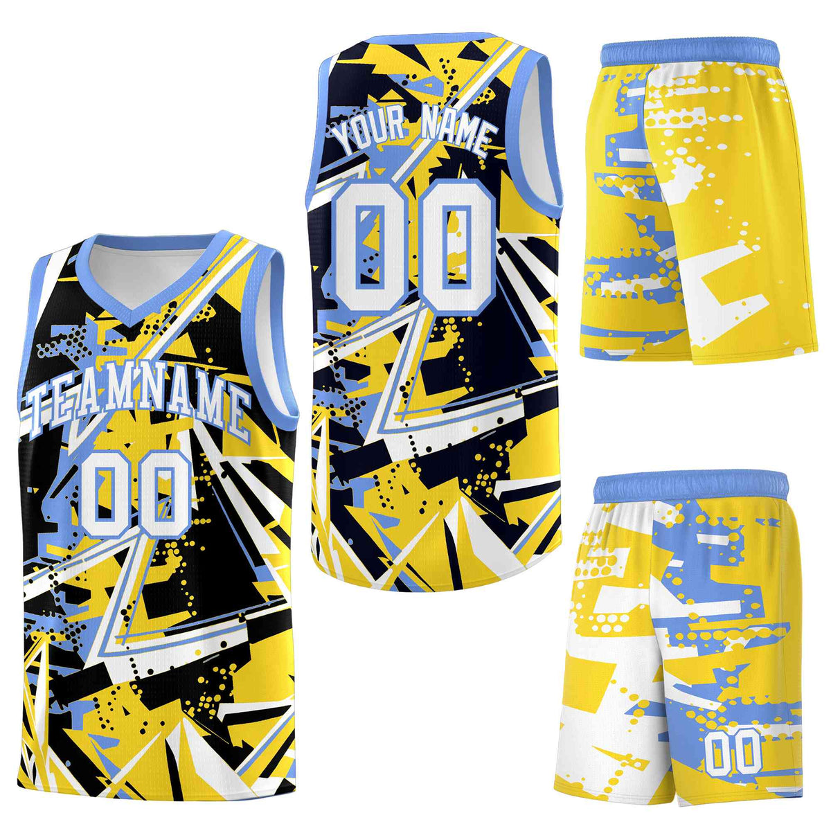 Custom Youth Basketball Jerseys Gold Light Blue Abstract Graffiti Urban Style Personalized Uniform