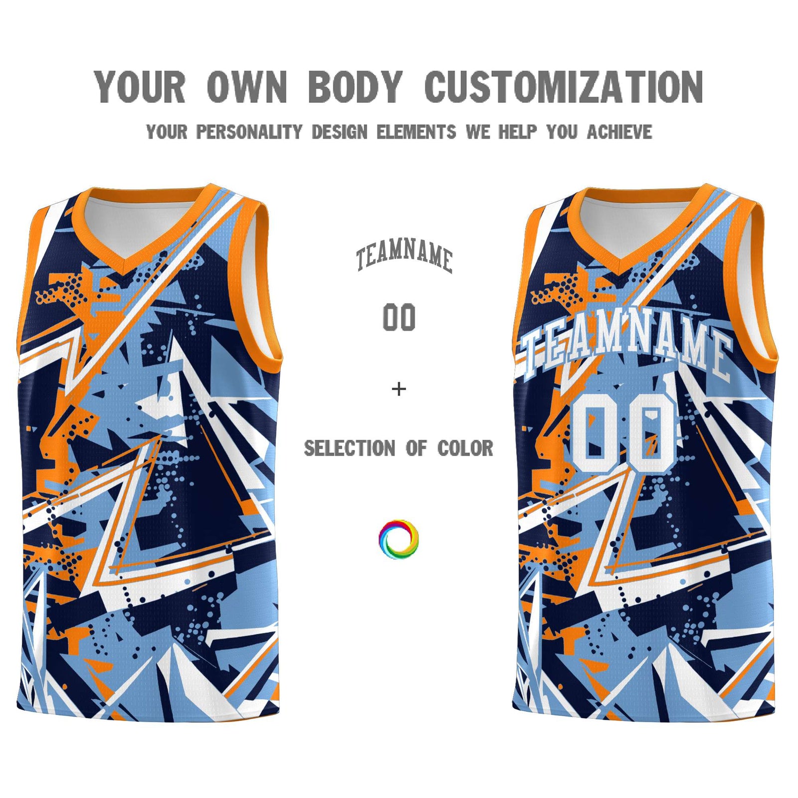 Custom Youth Basketball Jerseys Powder Blue Orange Abstract Graffiti Personalized Team Name & Number