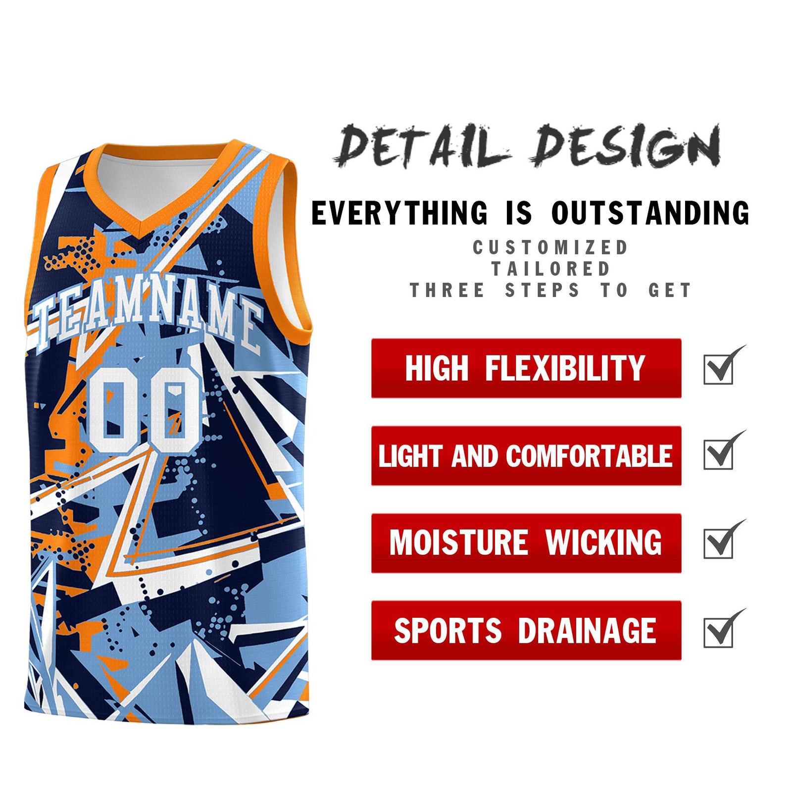 Custom Youth Basketball Jerseys Powder Blue Orange Abstract Graffiti Personalized Team Name & Number