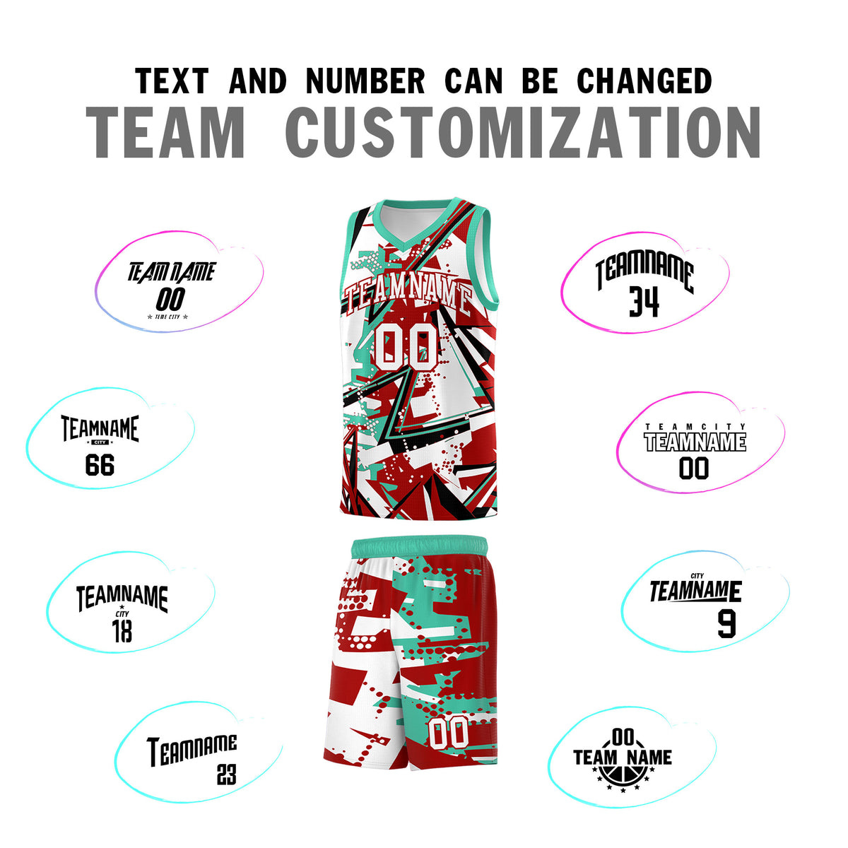 Custom Youth Basketball Jerseys Red Bright Green Abstract Graffiti Personalized Team Name & Number