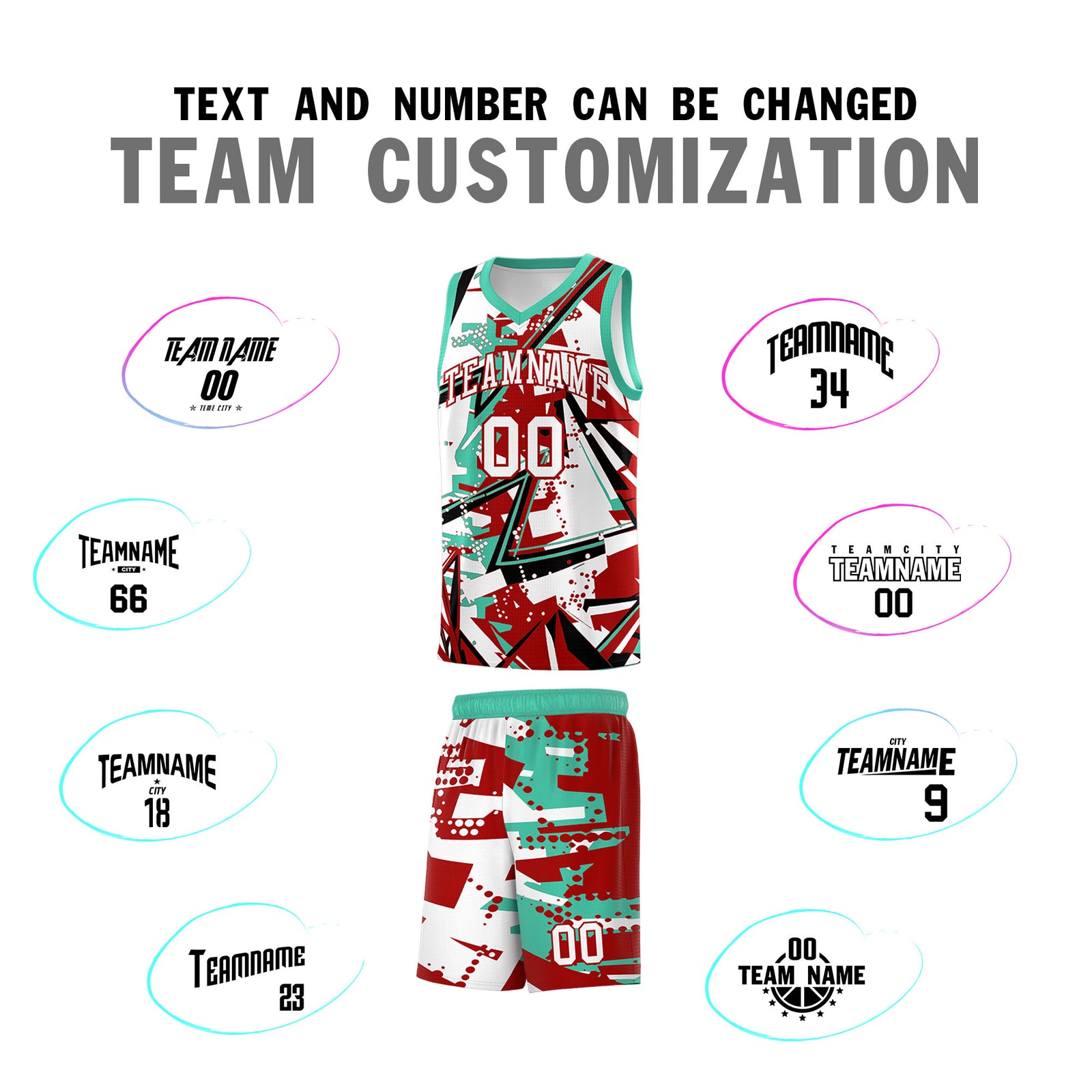 Custom Youth Basketball Jerseys Red Bright Green Abstract Graffiti Personalized Team Name & Number