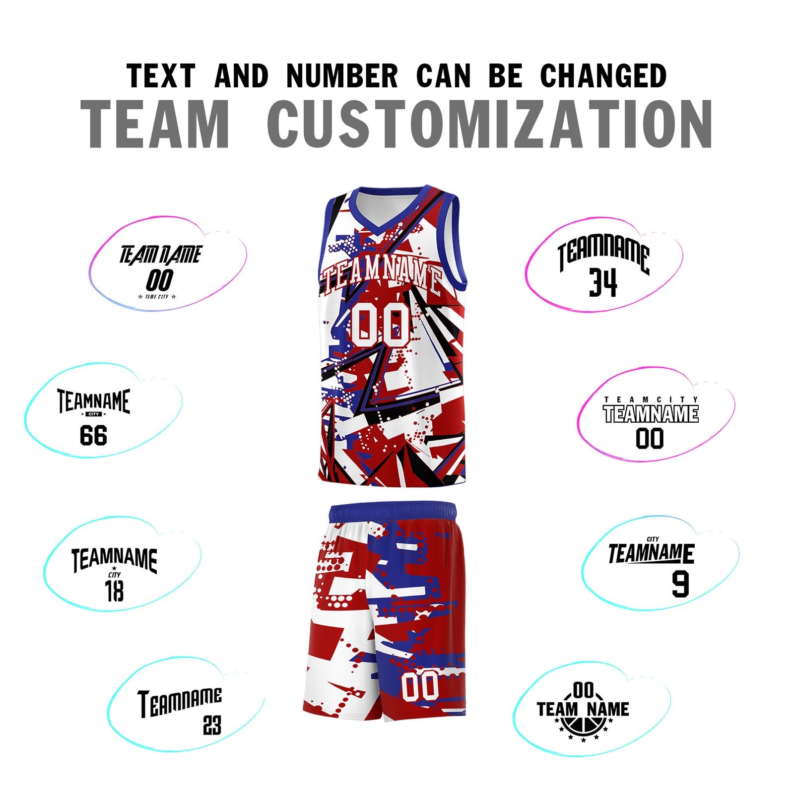 Custom Youth Basketball Jerseys Red Royal Abstract Graffiti Personalized Street Style Uniform