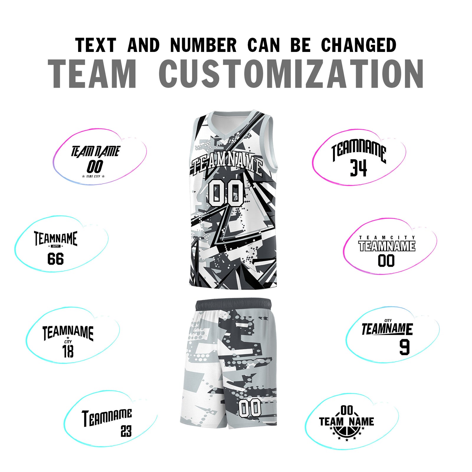 Custom Youth Basketball Jerseys Gray Silver Abstract Graffiti Personalized Team Name & Number