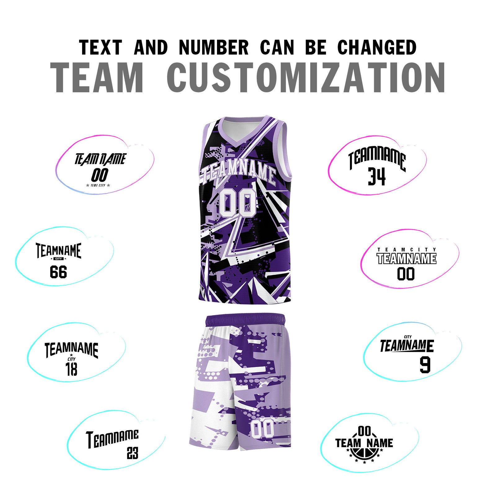Custom Youth Basketball Jerseys Purple Light Purple Abstract Graffiti Urban Style Personalized Uniform